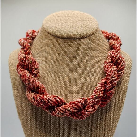 Vintage Twisted Glass Seed Bead Necklace in Mauve Rose Variegated Thick & Chunky - Picture 2 of 8